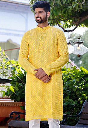 Embroidered Georgette Kurta in Yellow