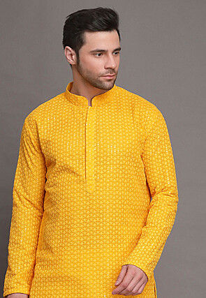 Embroidered Georgette Kurta in Yellow