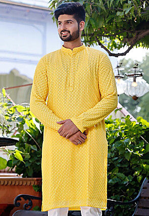 Embroidered Georgette Kurta in Yellow