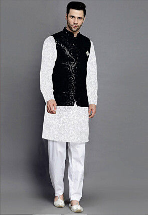 Embroidered Georgette Kurta Jacket Set in White and Black