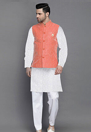Embroidered Georgette Kurta Jacket Set in White and Red