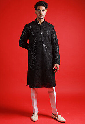 Embroidered Georgette Kurta Set in Black