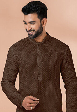 Embroidered Georgette Kurta Set in Dark Brown