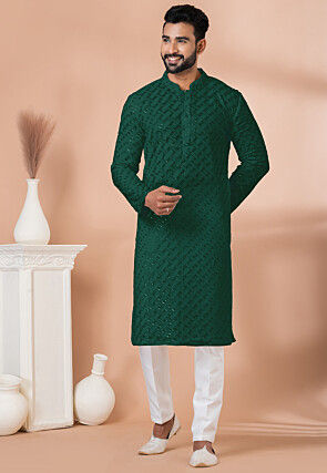Embroidered Georgette Kurta Set in Dark Green