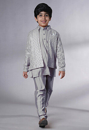 Embroidered Georgette Kurta Set in Grey