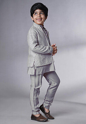 Embroidered Georgette Kurta Set in Grey