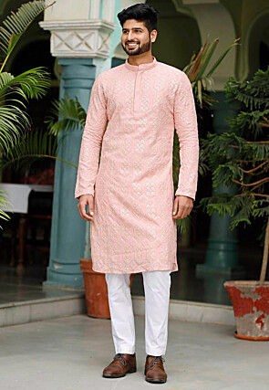 Embroidered Georgette Kurta Set in Light Peach