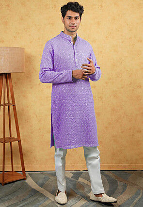 Embroidered Georgette Kurta Set in Light Purple
