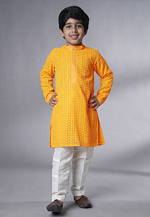 Embroidered Georgette Kurta Set in Mustard