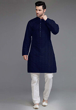 Embroidered Georgette Kurta Set in Navy Blue