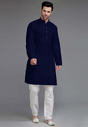 Embroidered Georgette Kurta Set in Navy Blue