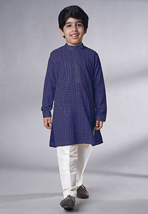 Embroidered Georgette Kurta Set in Navy Blue