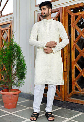 Embroidered Georgette Kurta Set in Off White