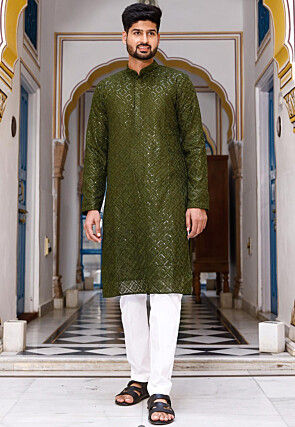 Embroidered Georgette Kurta Set in Olive Green