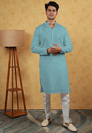 Embroidered Georgette Kurta Set in Pastel Blue