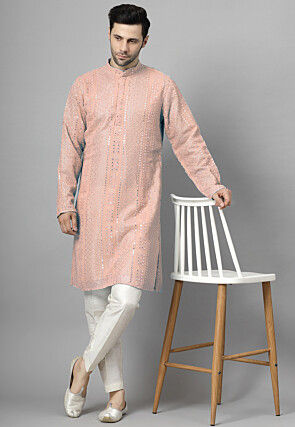 Embroidered Georgette Kurta Set in Peach
