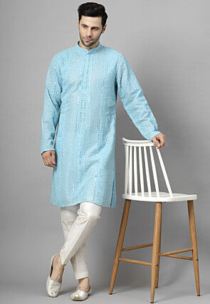 Embroidered Georgette Kurta Set in Sky Blue