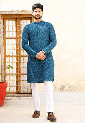 Embroidered Georgette Kurta Set in Teal Blue