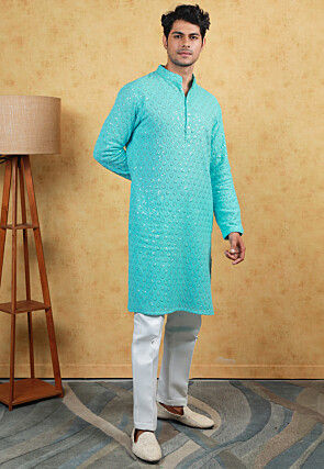 Embroidered Georgette Kurta Set in Turquoise