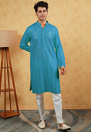 Embroidered Georgette Kurta Set in Turquoise