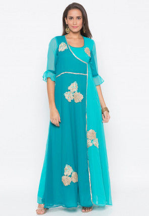 Embroidered Georgette Kurta Set in Turquoise