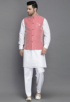 Embroidered Georgette Kurta Jacket Set in White and Red