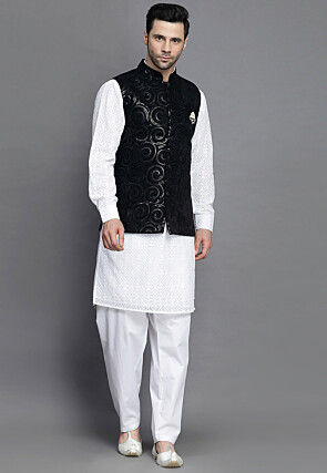 Embroidered Georgette Kurta Jacket Set in White and Black