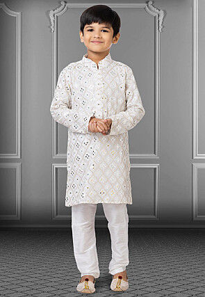 Embroidered Georgette Kurta Set in White