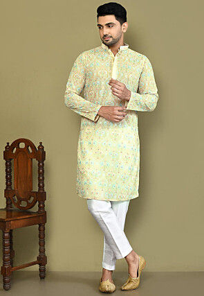 Embroidered Georgette Kurta Set in Yellow