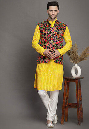 Embroidered Georgette Kurta Jacket Set in Yellow and Black