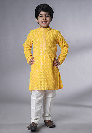 Embroidered Georgette Kurta Set in Yellow