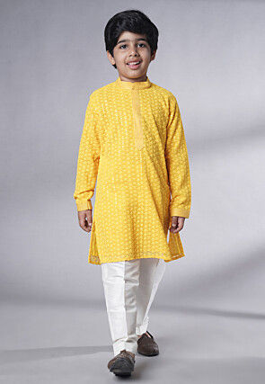 Embroidered Georgette Kurta Set in Yellow