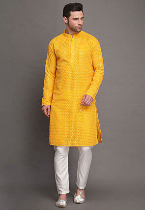 Embroidered Georgette Kurta Set in Yellow