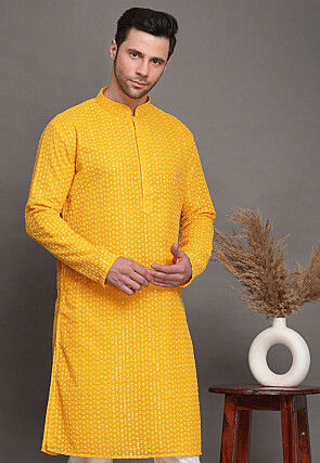 Embroidered Georgette Kurta Set in Yellow