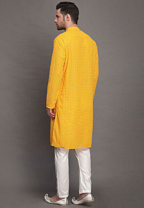 Embroidered Georgette Kurta Set in Yellow