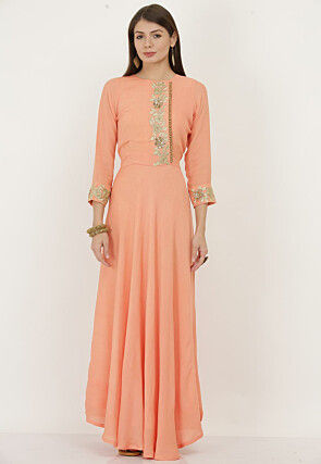 Embroidered Georgette Kurta with Pant in Light Peach