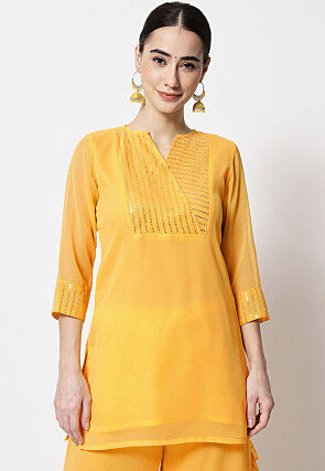 Embroidered Georgette Kurti in Yellow