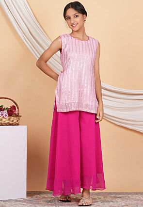 Embroidered Georgette Kurti Set in Baby Pink