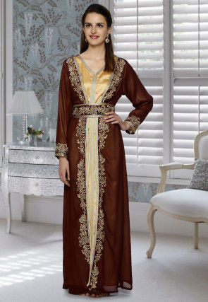 Embroidered Georgette Layered Abaya in Brown and Golden
