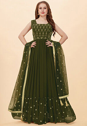 Embroidered Georgette Layered Abaya Style Suit in Olive Green