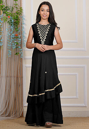 Embroidered Georgette Layered Gown in Black