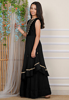 Embroidered Georgette Layered Gown in Black
