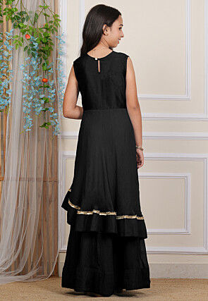 Embroidered Georgette Layered Gown in Black