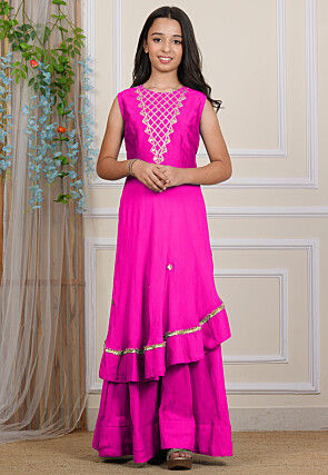 Embroidered Georgette Layered Gown in Fuchsia