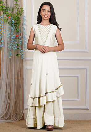Embroidered Georgette Layered Gown in Off White
