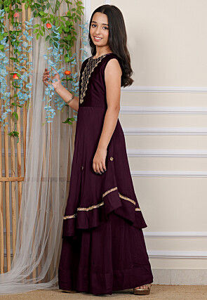 Embroidered Georgette Layered Gown in Wine