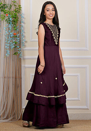 Embroidered Georgette Layered Gown in Wine