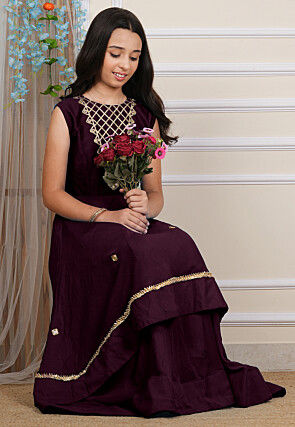 Embroidered Georgette Layered Gown in Wine