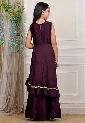 Embroidered Georgette Layered Gown in Wine