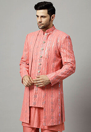 Embroidered Georgette Layered Jacket in Peach